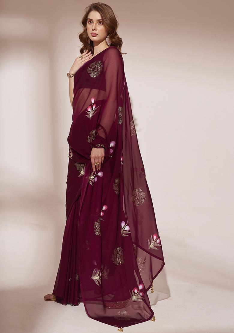 Wine Printed Blooming Organza Saree Set