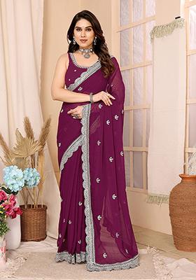 Wine Sequin Embroidered Chiffon Saree Set