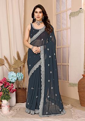 Grey Sequin Embroidered Chiffon Saree Set