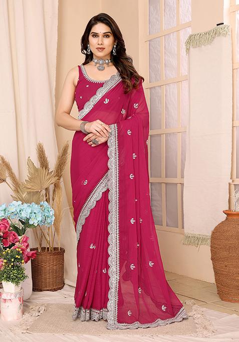 Pink Sequin Embroidered Chiffon Saree Set