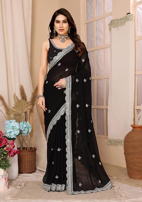 Black Sequin Embroidered Chiffon Saree Set