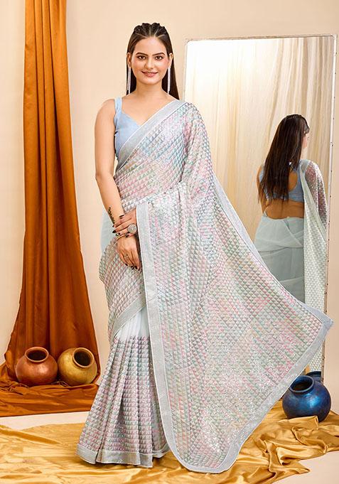 Grey Sequin Embroidered Georgette Saree Set