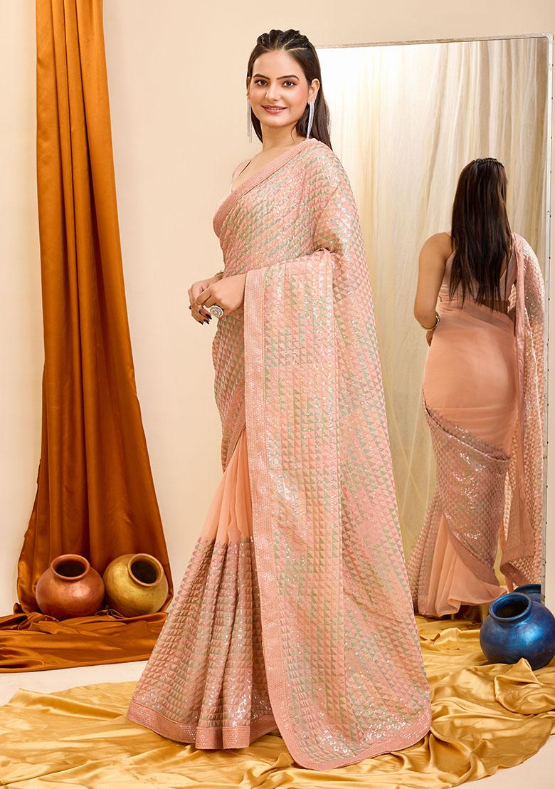 Peach Sequin Embroidered Georgette Saree Set