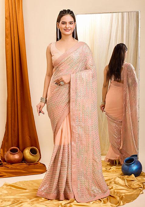 Peach Sequin Embroidered Georgette Saree Set