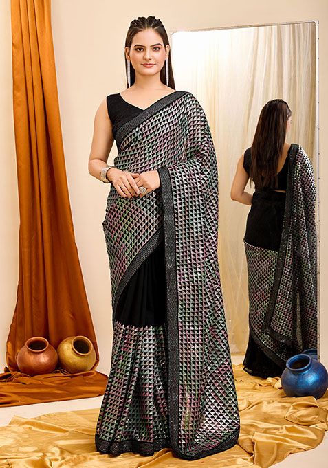 Black Sequin Embroidered Georgette Saree Set