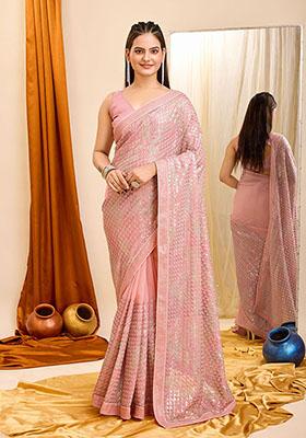 Pink Sequin Embroidered Georgette Saree Set