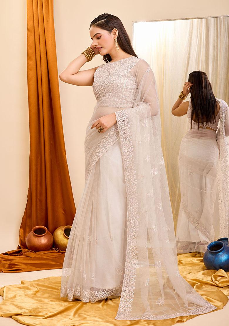 Off White Sequin Embroidered Soft Net Saree Set