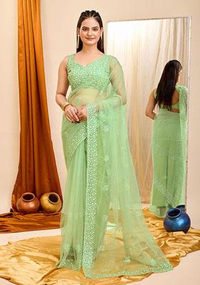 Pista Green Sequin Embroidered Soft Net Saree Set