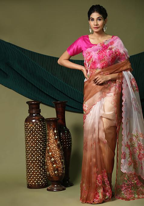 Brown Digital Print Organza Saree Set