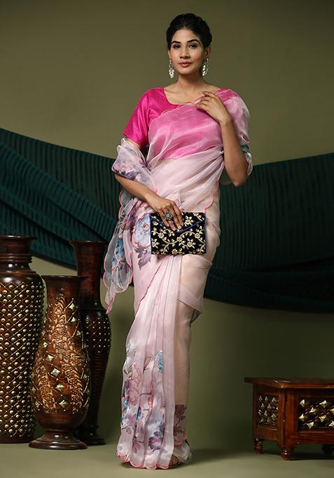 Pink Digital Print Organza Saree Set