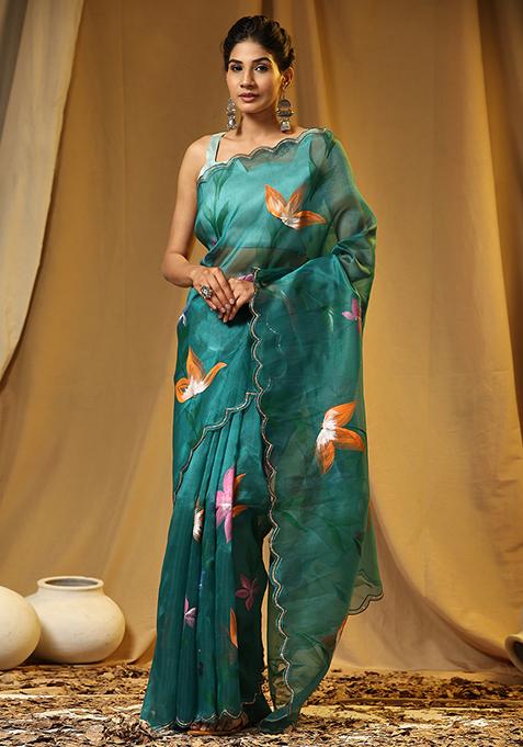 Green Digital Print Organza Saree Set