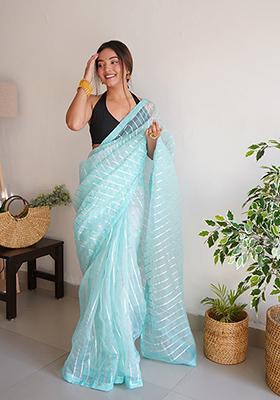 Sky Blue Embroidered Organza Saree Set