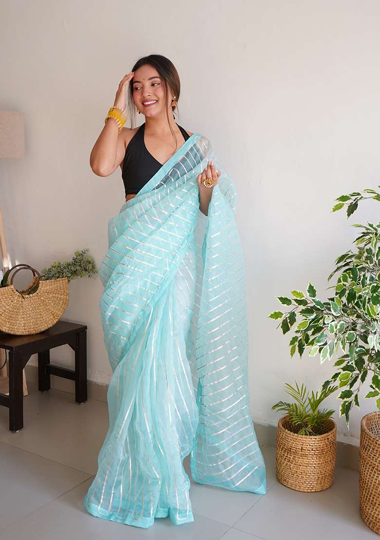 Sky Blue Embroidered Organza Saree Set - Indya