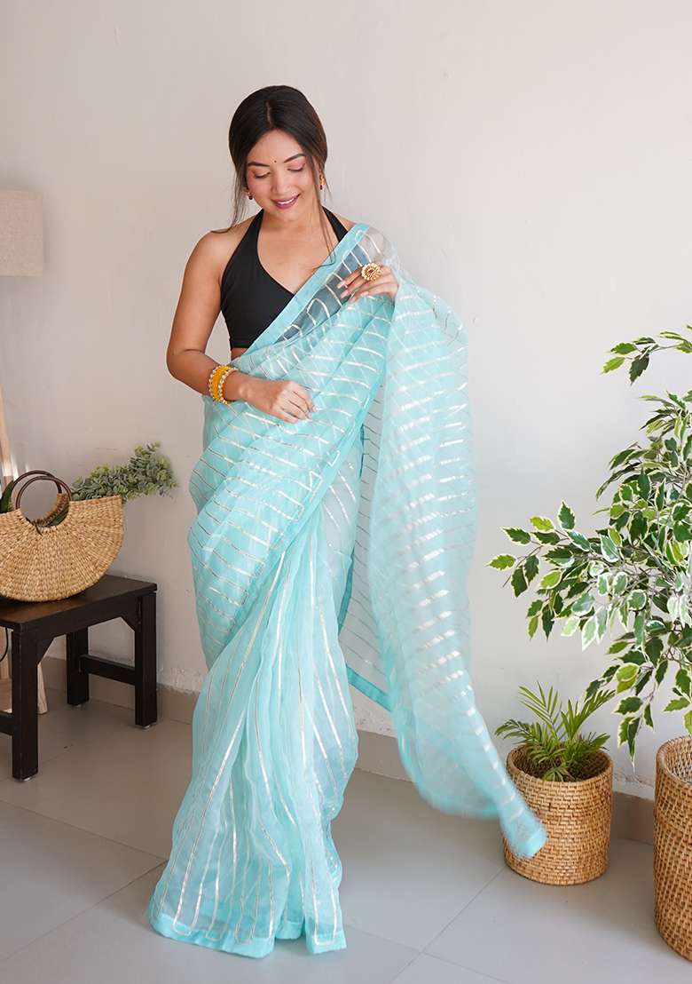 Sky Blue Embroidered Organza Saree Set - Indya
