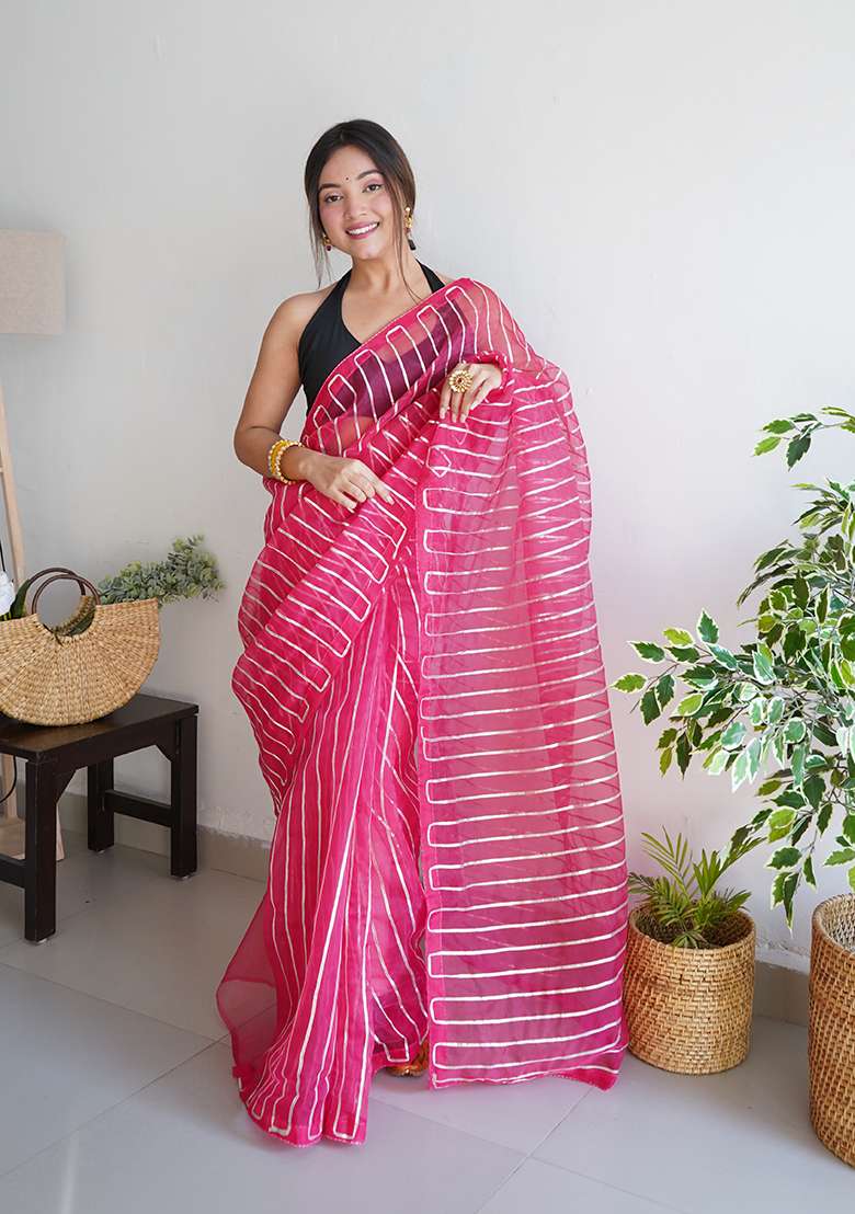 Pink Embroidered Organza Saree Set - Indya