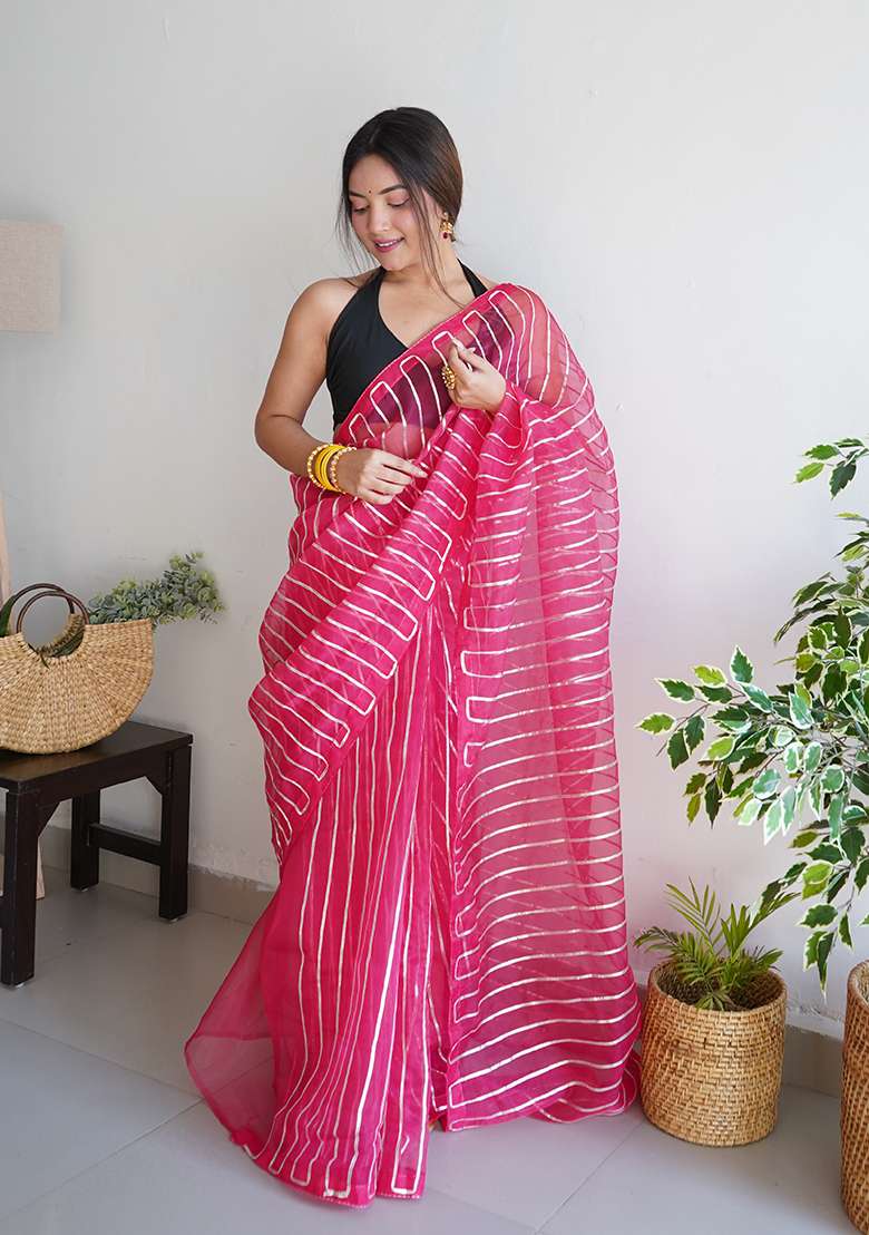 Pink Embroidered Organza Saree Set - Indya