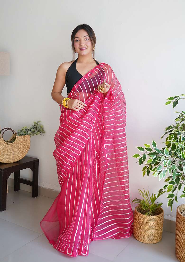 Pink Embroidered Organza Saree Set - Indya