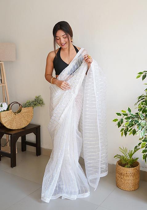 White Embroidered Organza Saree Set