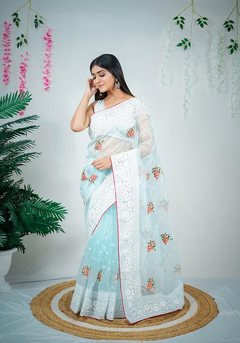 Sky Blue Embroidered Organza Saree Set