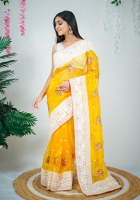 Yellow Embroidered Organza Saree Set