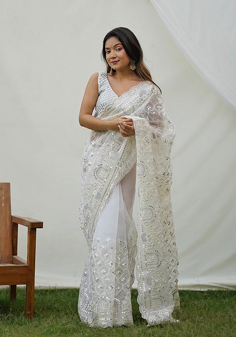 White Sequin Embroidered Organza Saree Set