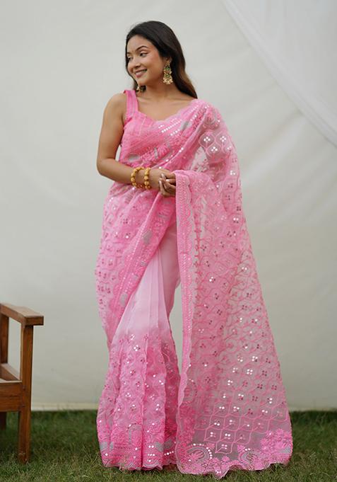 Pink Sequin Embroidered Organza Saree Set