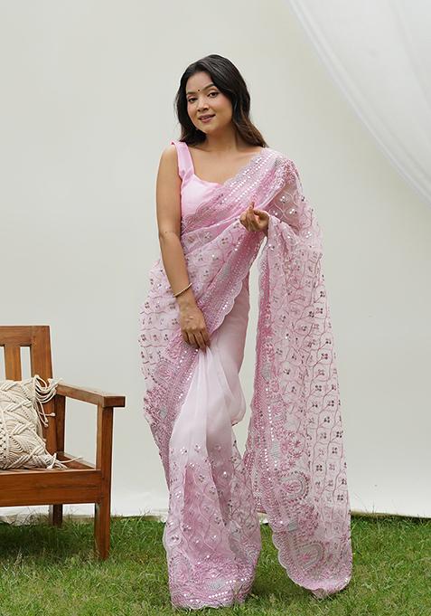 Baby Pink Sequin Embroidered Organza Saree Set