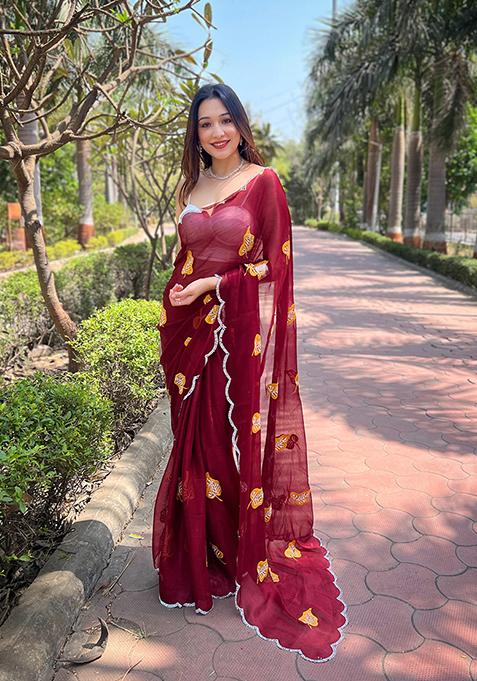 Maroon Embroidered Chiffon Saree Set