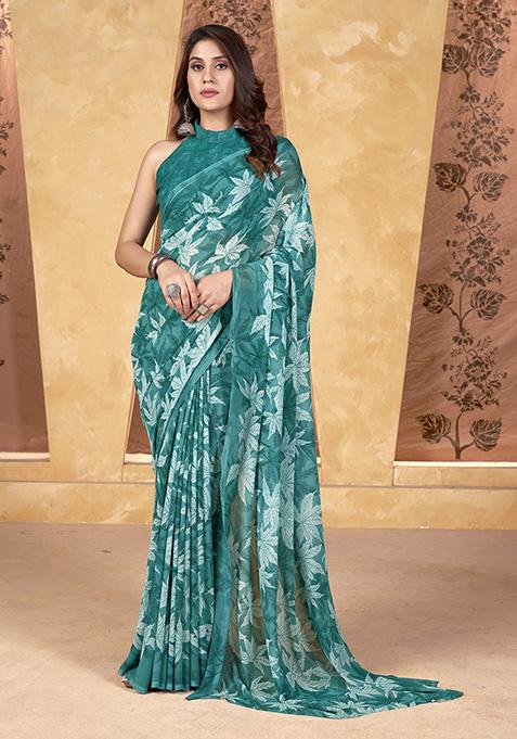 Sea Green Printed Weight Less Saree Set