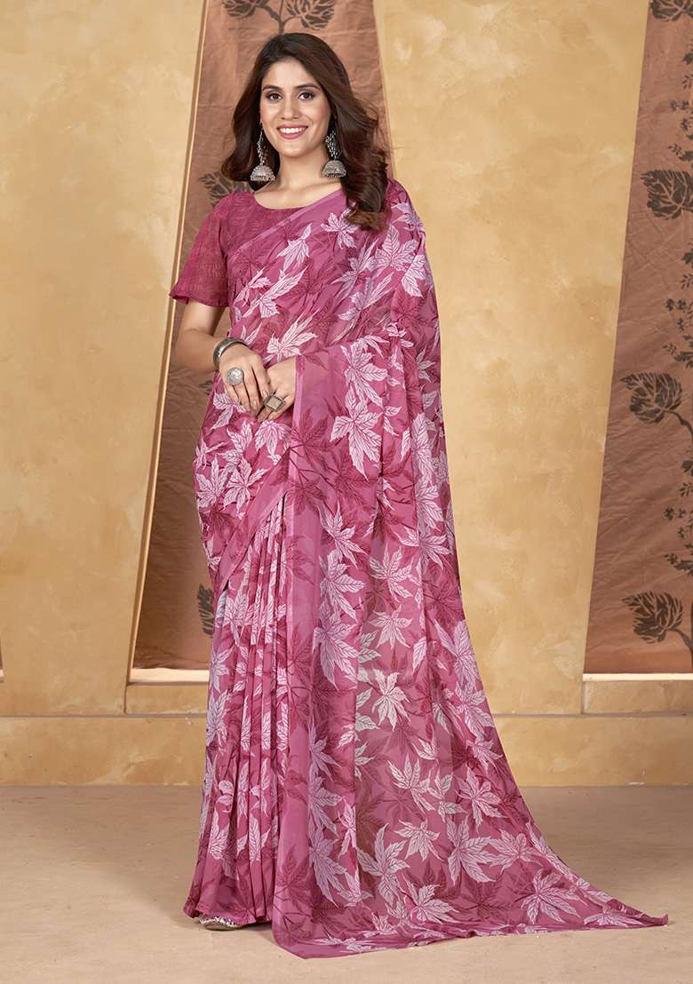 Pink Printed Weight Less Saree Set - Indya