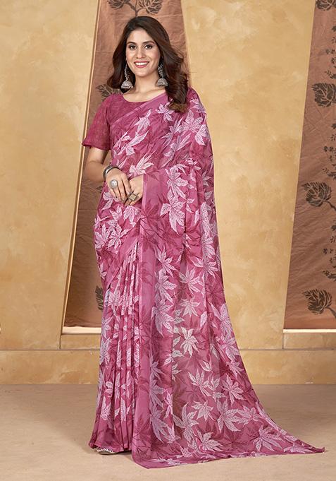 Pink Printed Weight Less Saree Set