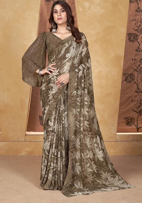 Brown Printed Weight Less Saree Set