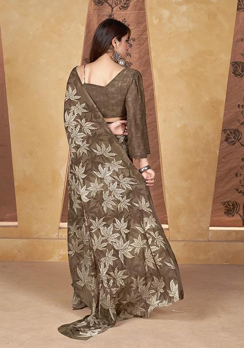 Brown Printed Weight Less Saree Set