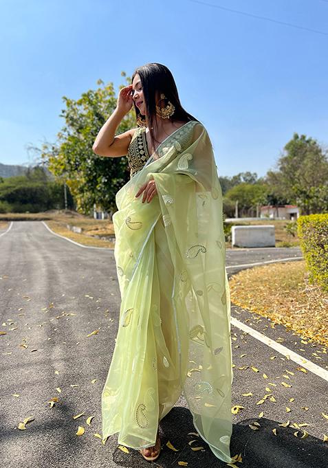 Green Thread Embroidered Organza Saree Set