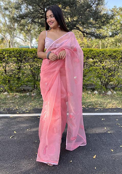 Pink Thread Embroidered Organza Saree Set