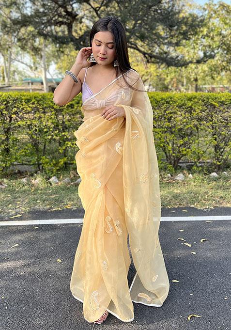 Yellow Thread Embroidered Organza Saree Set