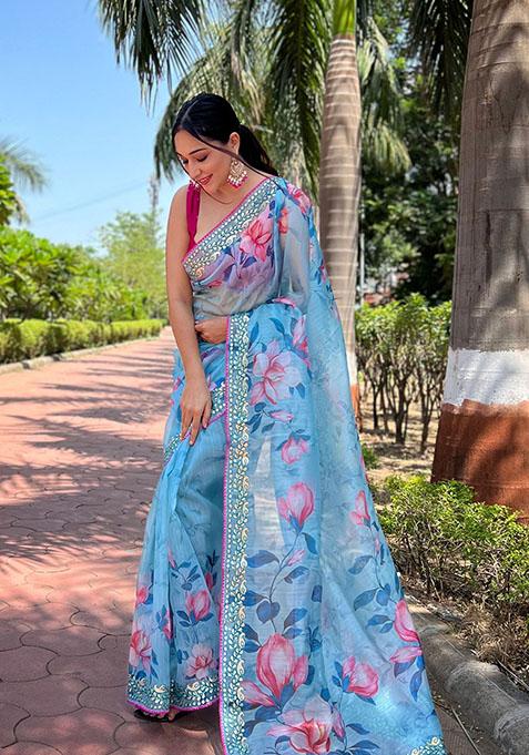 Blue Printed Organza Saree Set