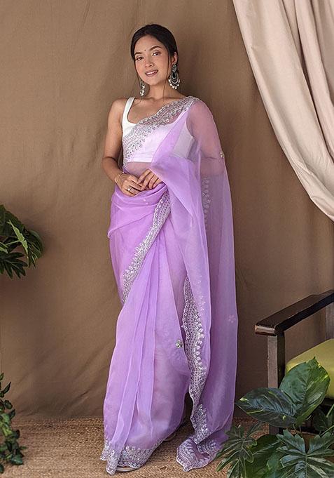 Purple Sequin Embroidered Organza Saree Set