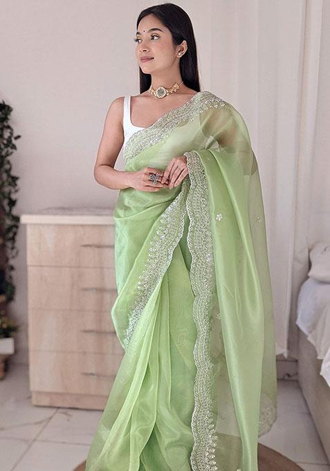 Green Sequin Embroidered Organza Saree Set