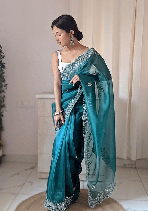 Rama Green Sequin Embroidered Organza Saree Set