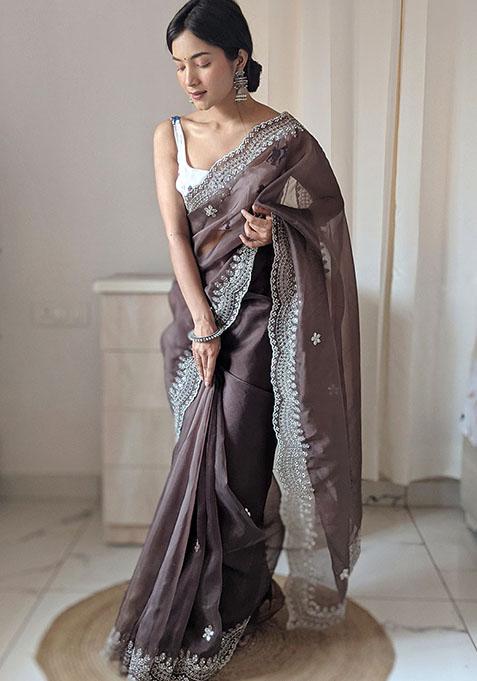 Brown Sequin Embroidered Organza Saree Set