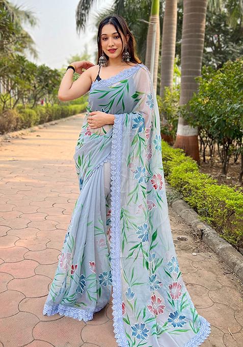 Grey Hand Foil Print Shimmer Saree Set