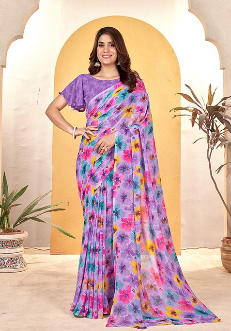 Purple Hand Foil Print Weight Less Saree Set