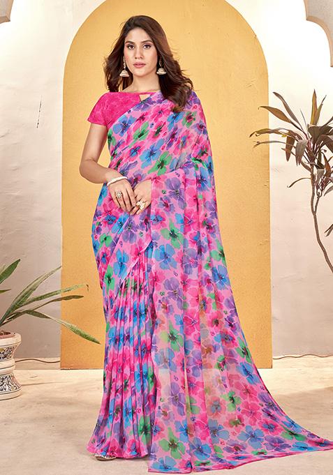 Pink Hand Foil Print Weight Less Saree Set