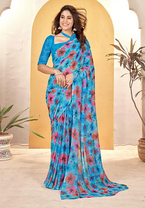 Blue Hand Foil Print Weight Less Saree Set