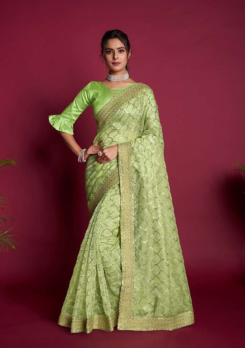 Green Sequin Embroidered Organza Saree Set - Indya