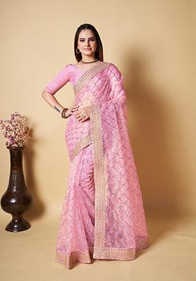 Pink Sequin Embroidered Organza Saree Set
