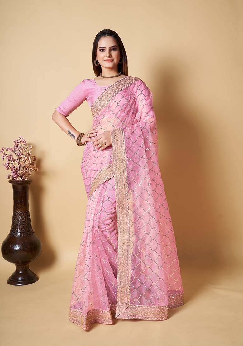 Pink Sequin Embroidered Organza Saree Set - Indya