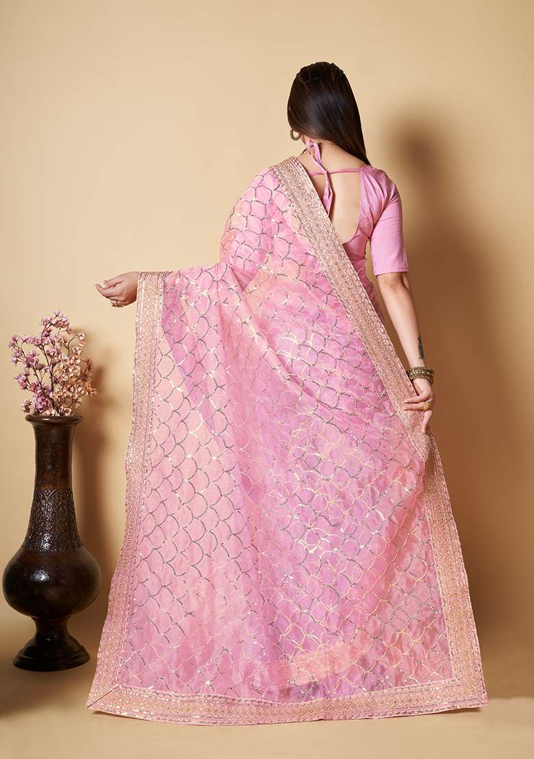 Pink Sequin Embroidered Organza Saree Set - Indya