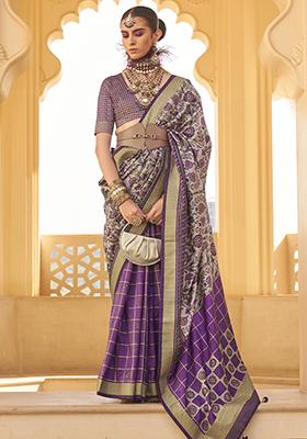 Purple Woven Printed Polyester Viscose Silk Saree Set